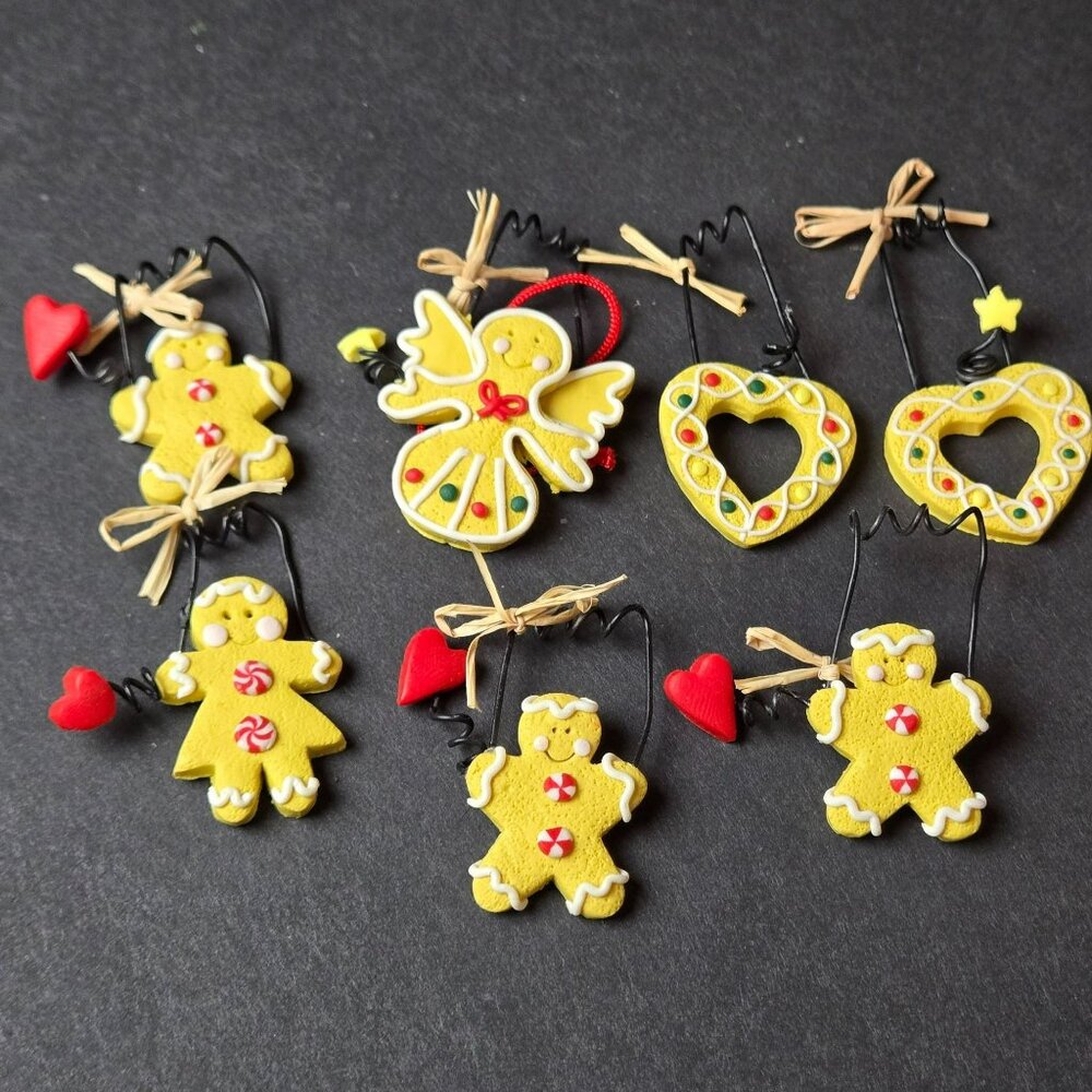 Mini 1" Yellow Gingerbread Ornaments Set 7 Resin Heart Angel Peppermint Folk Art